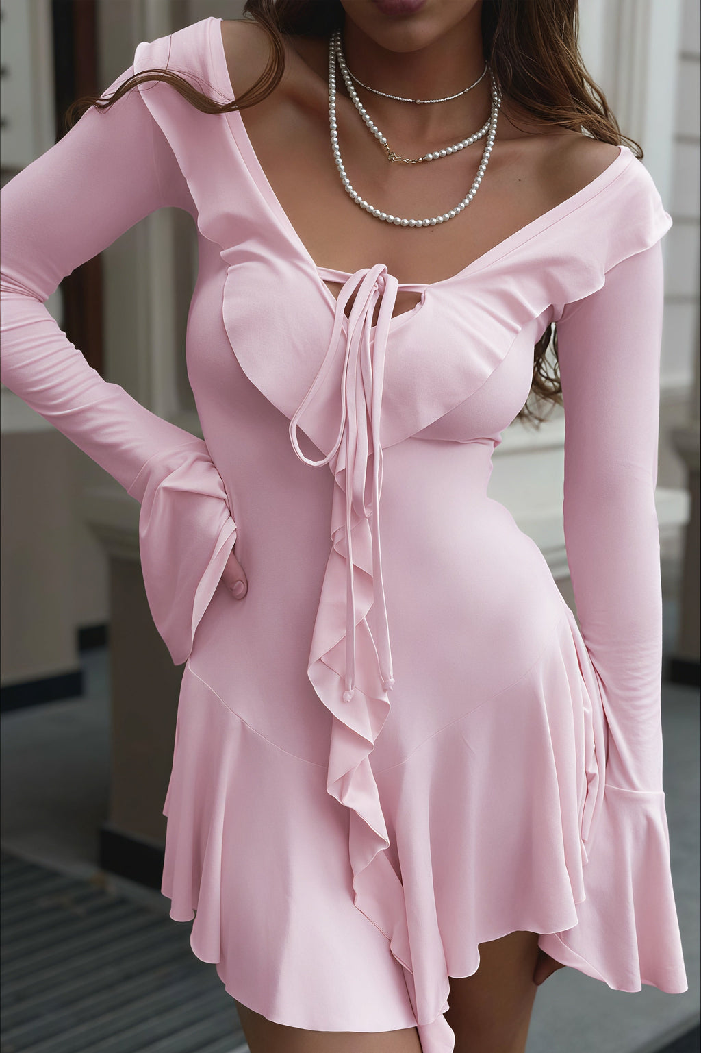 Fresh Plunging Neckline Bell Sleeve Ruffle Lace-up Mini Dress image 4