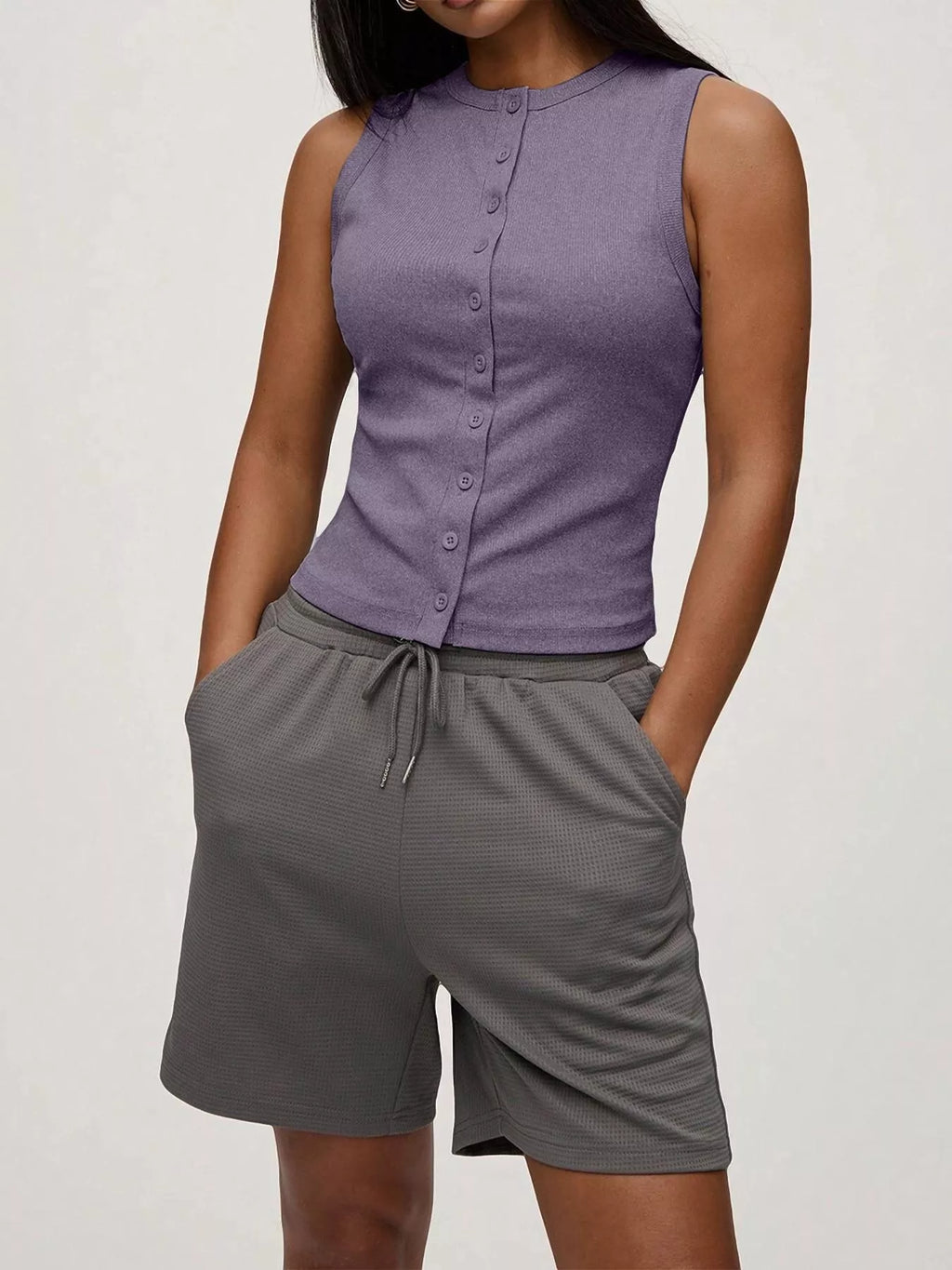 Elara Button Tank detail view styled for Avrienne