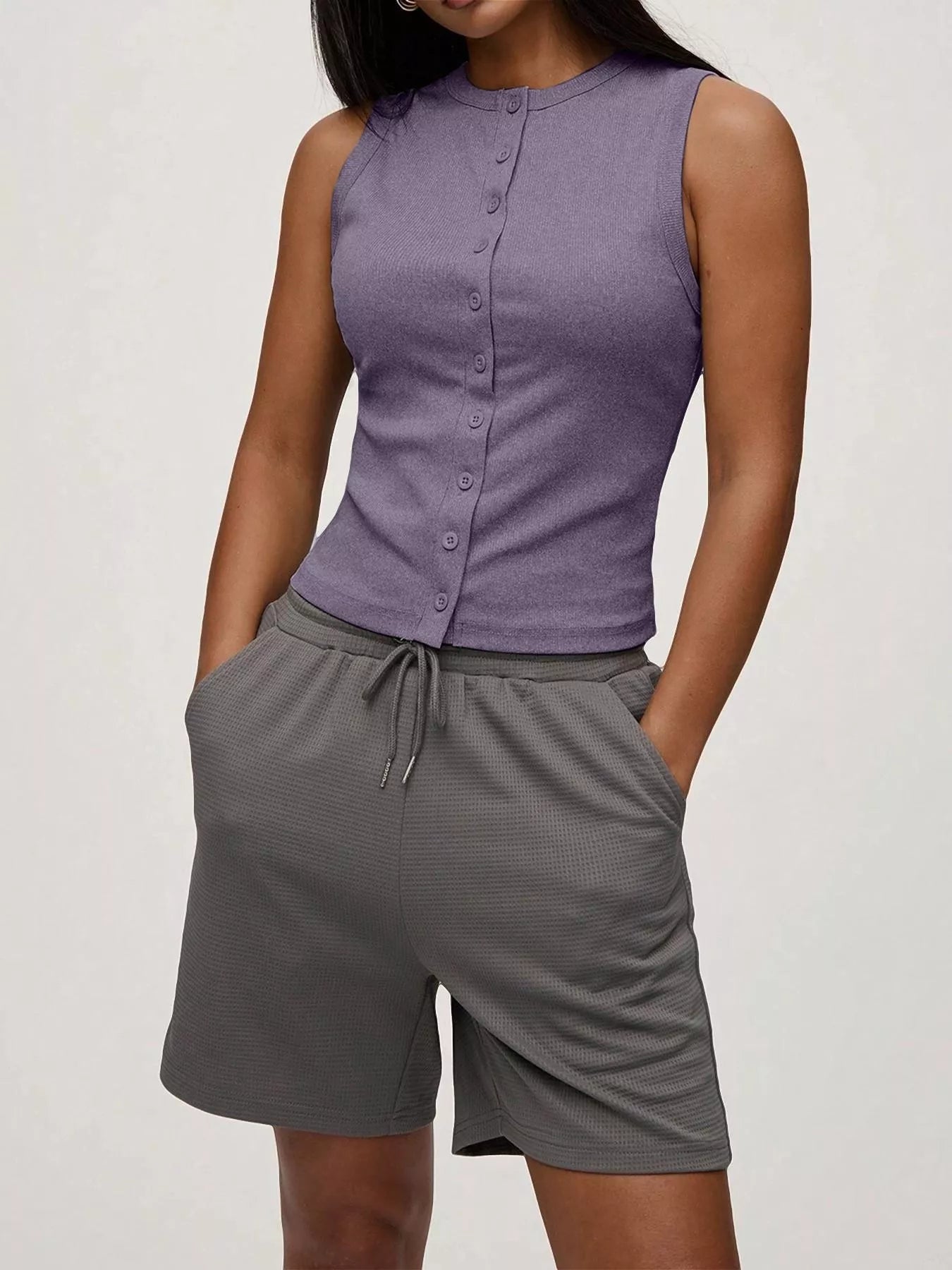 Elara Button Tank detail view styled for Avrienne
