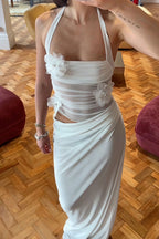 3D Floral Patchwork Halter Slim Cutout Waist Maxi Dress image 2