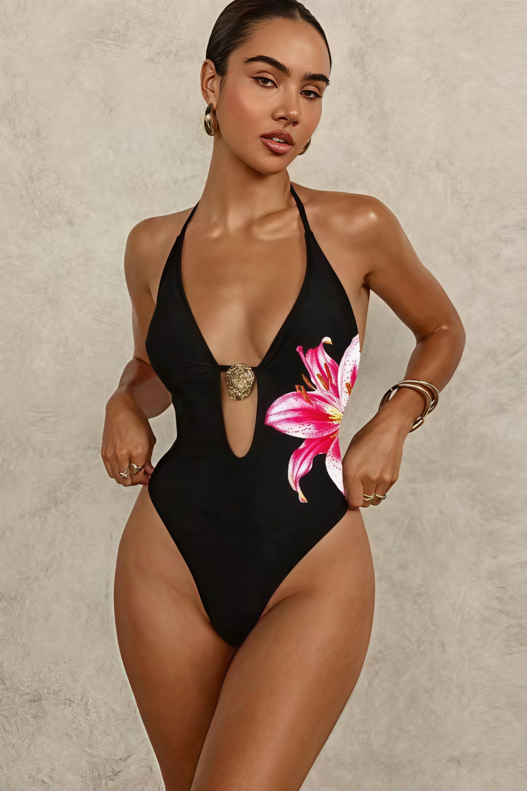 Sexy Floral Print Bikini Halter Deep V One Piece Swimwear image 2