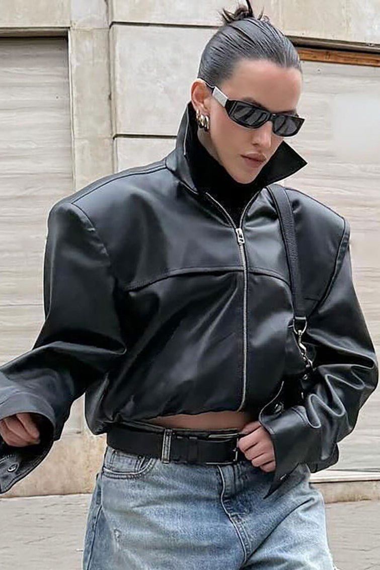High Neck Leather Moto Jacket image 1