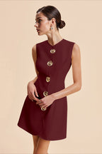 Round Neck Buttoned Solid Mini Dress image 6