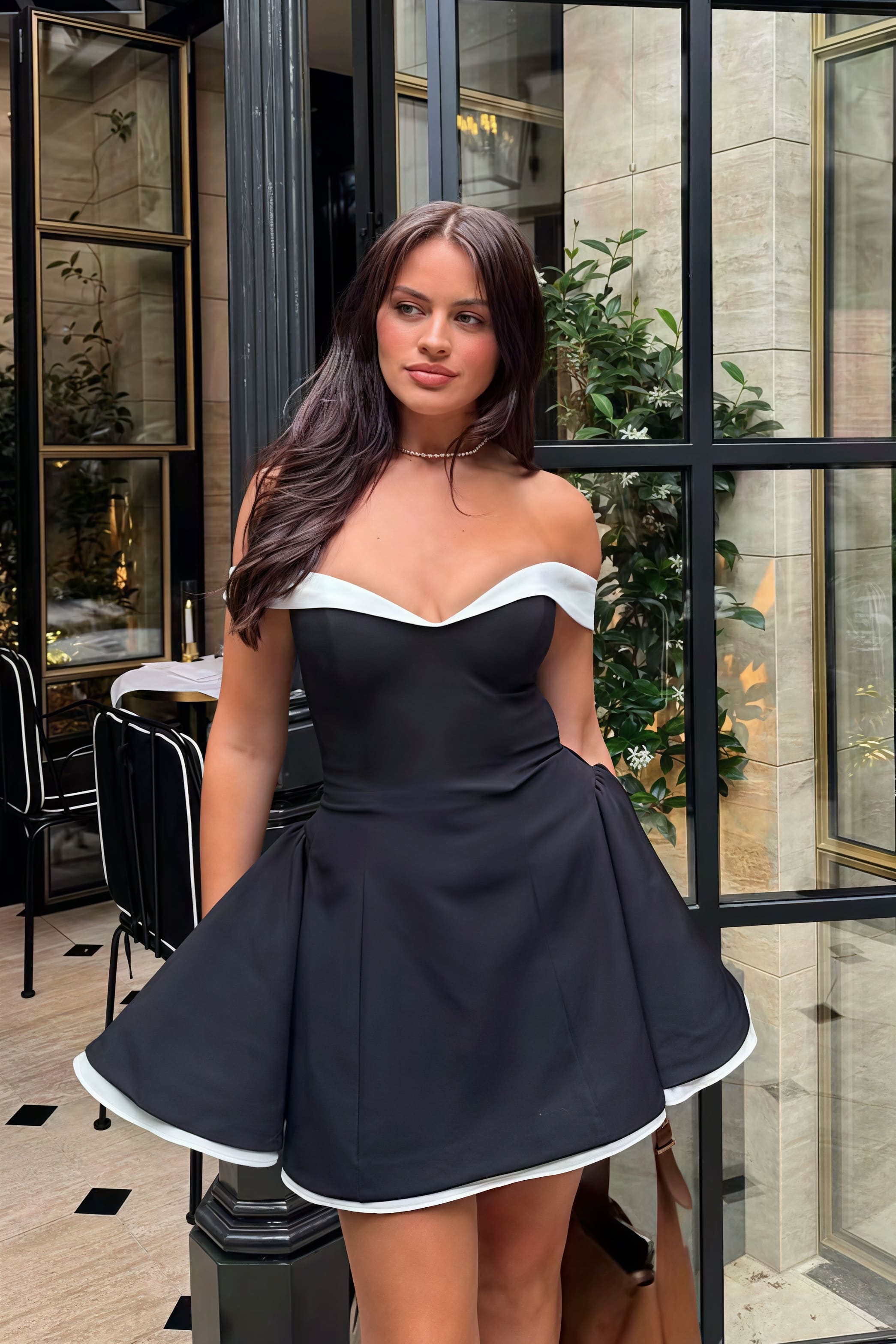 Elegant Color Block Ruffle Off Shoulder Mini Dress image 1
