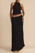 Sexy Lace Trim Halter Open Back Ruched Skirt Sets image 9