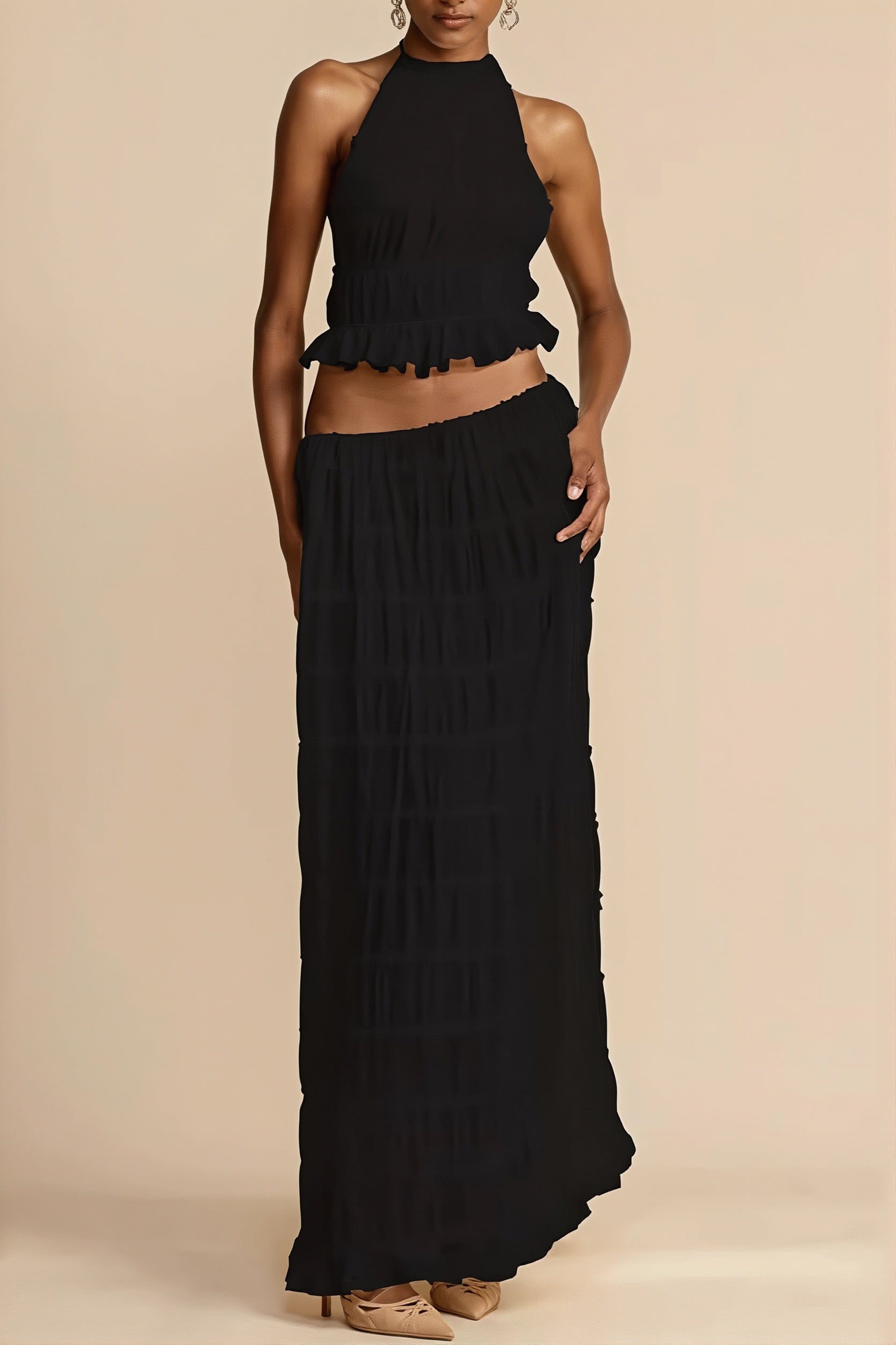 Sexy Lace Trim Halter Open Back Ruched Skirt Sets image 9
