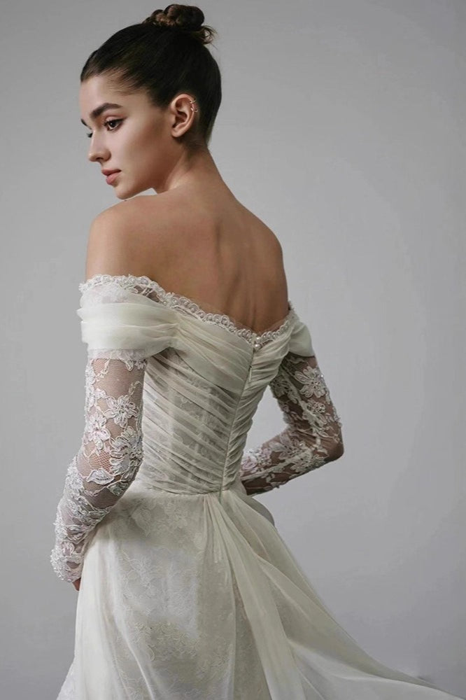 Long Sleeve Lace Off Shoulder Reception Dress image 4