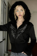 Gothic Rhinestone Fur Paneled Slim Hoodie image 4