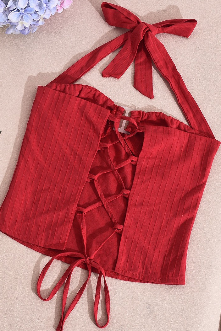 Striped Backless Tie Cropped Halter Top image 5