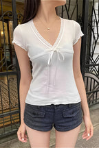 Solid Casual Lace Trim Tie T-Shirt image 1