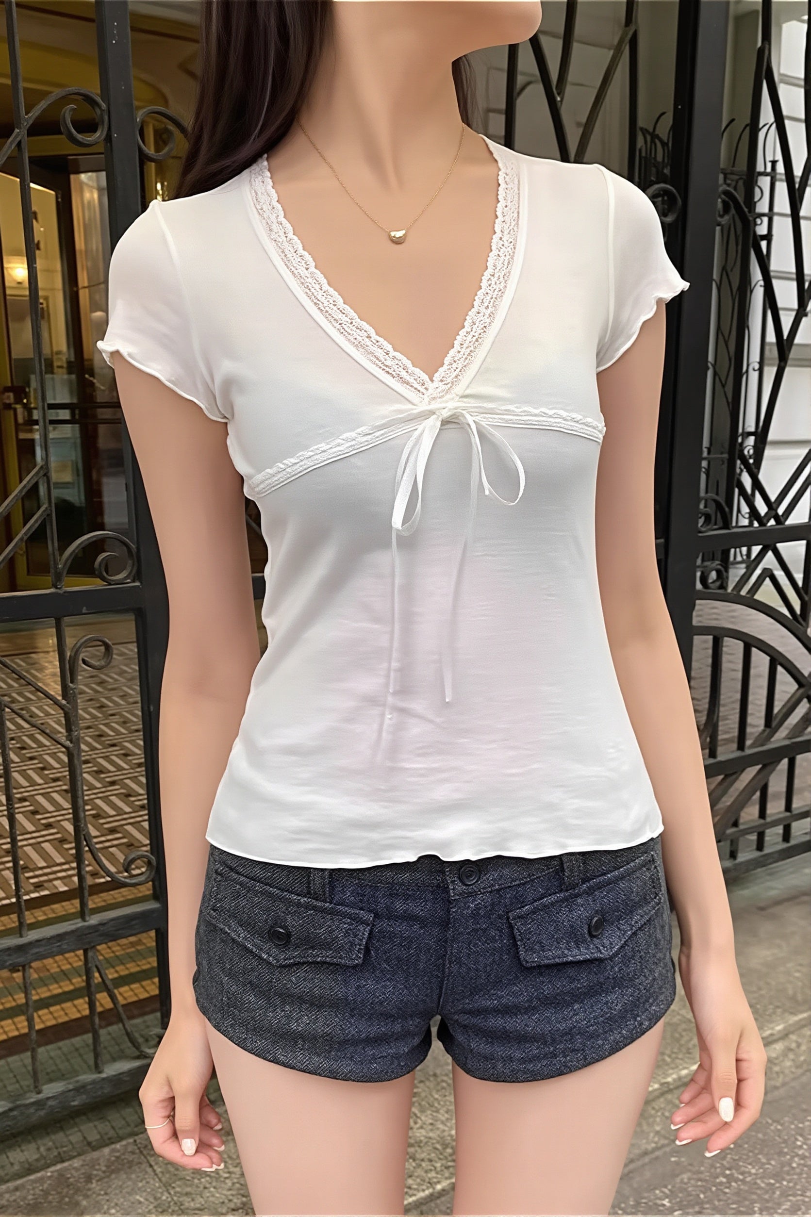 Solid Casual Lace Trim Tie T-Shirt image 1