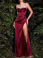 Aurelie Satin Maxi Dress detail view styled for Avrienne