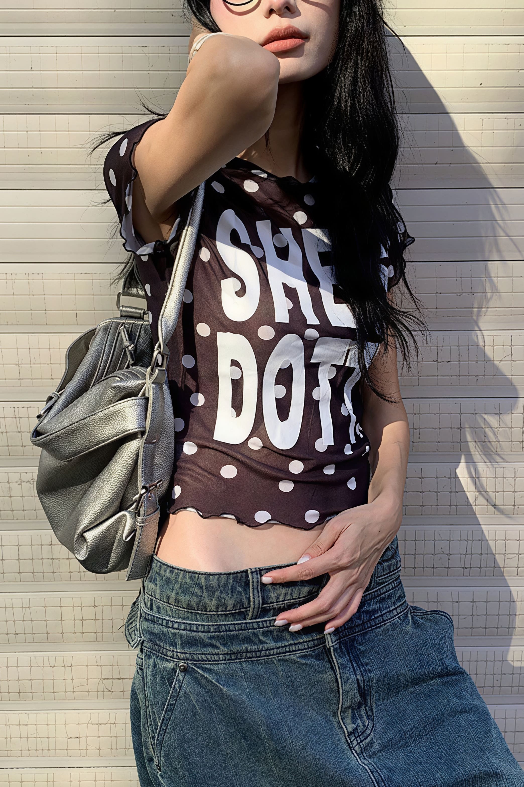 Mesh Polka Dot Letter Crop T-shirt image 2