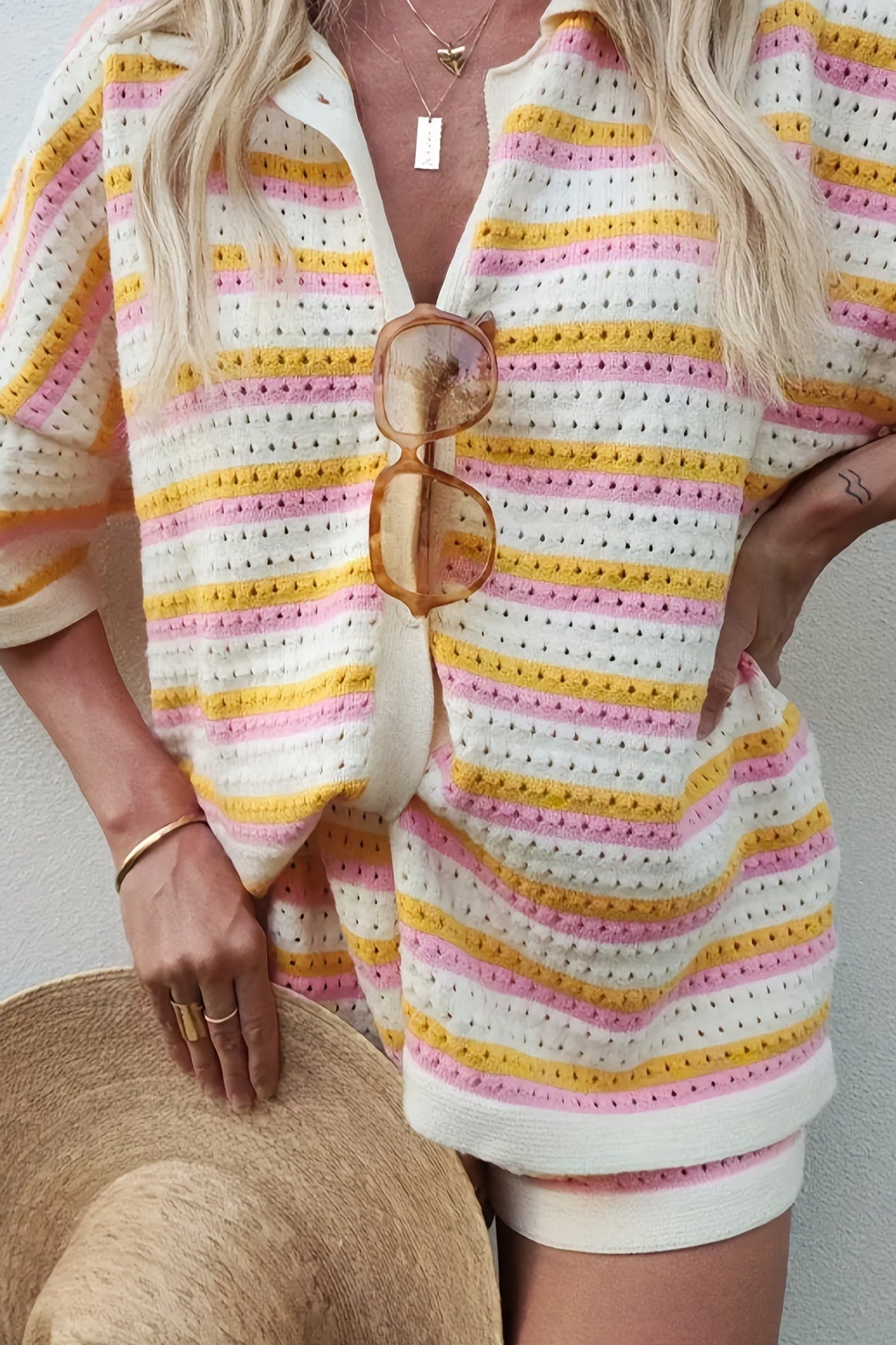 Striped Hollow Out Knit Two Piece Set image 2