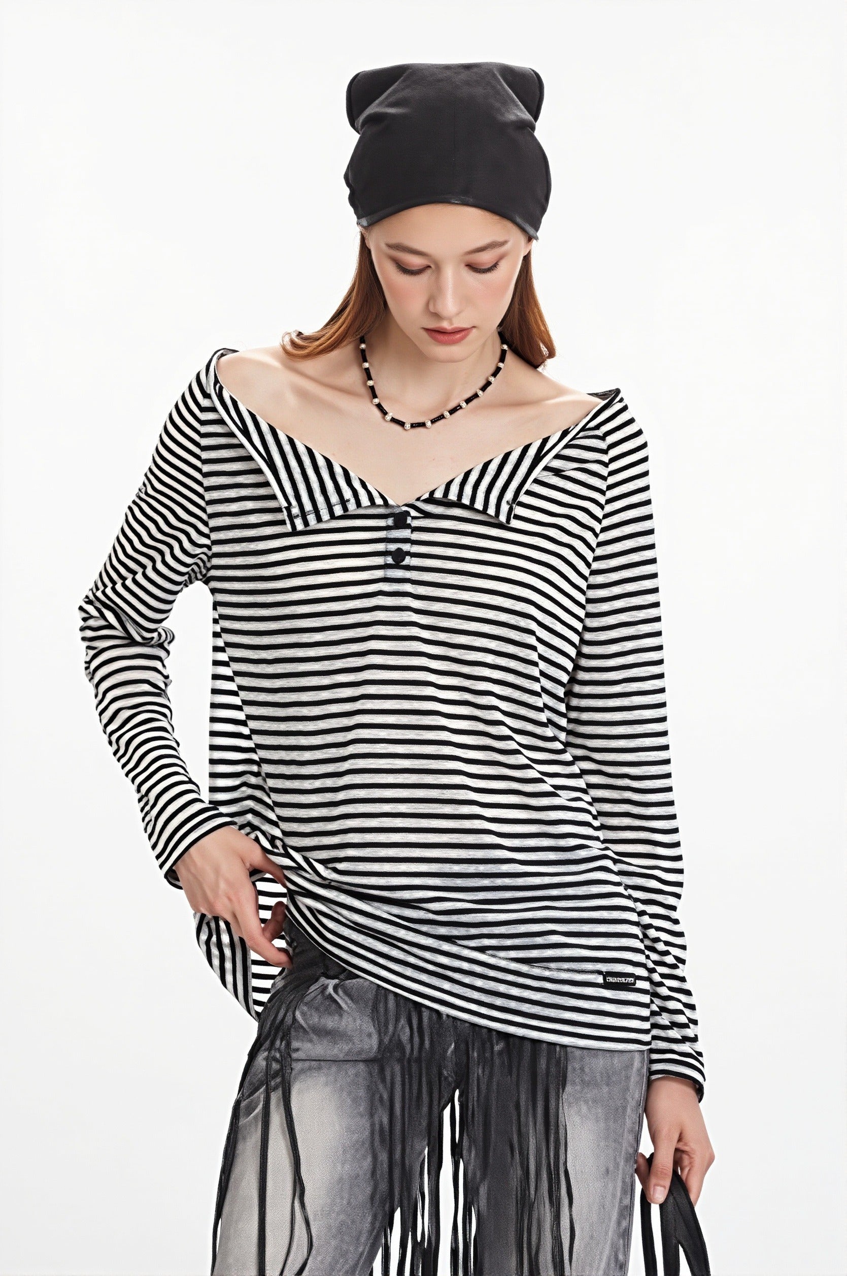 Striped Off Shoulder Long Sleeve T-shirt image 4