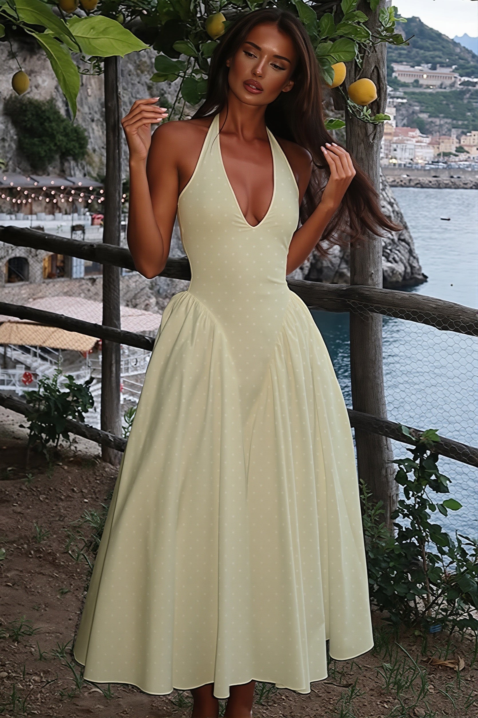 Sexy Polka Dot Halter Deep V High Rise Maxi Dress image 1