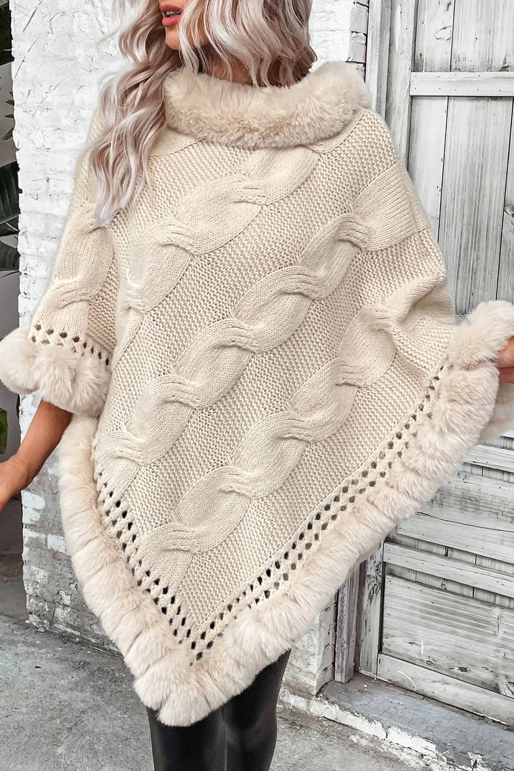 Vintage Cable Knit Fleece-Collar Poncho Coat image 3