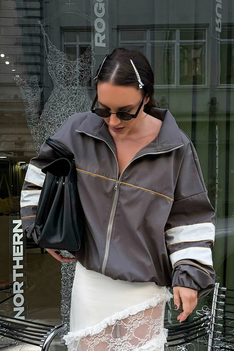 Color Blocking Loose Designer Mandarin Collar Coat image 2