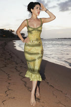 V Neck Ruched Ruffle Floral Print Midi Dress image 5