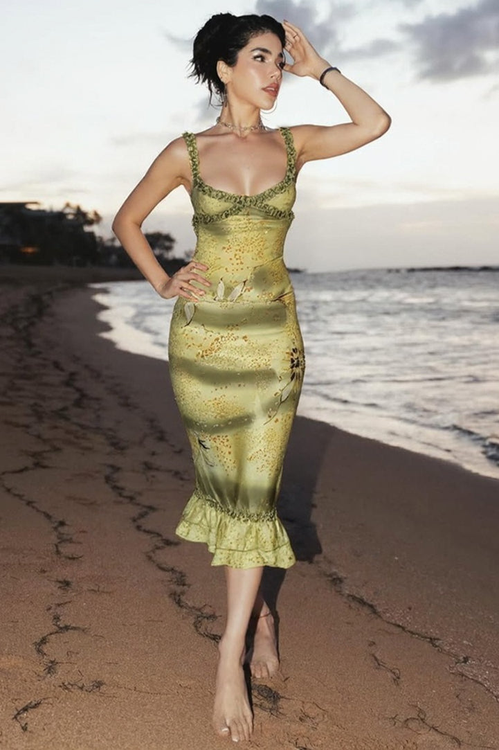 V Neck Ruched Ruffle Floral Print Midi Dress image 5