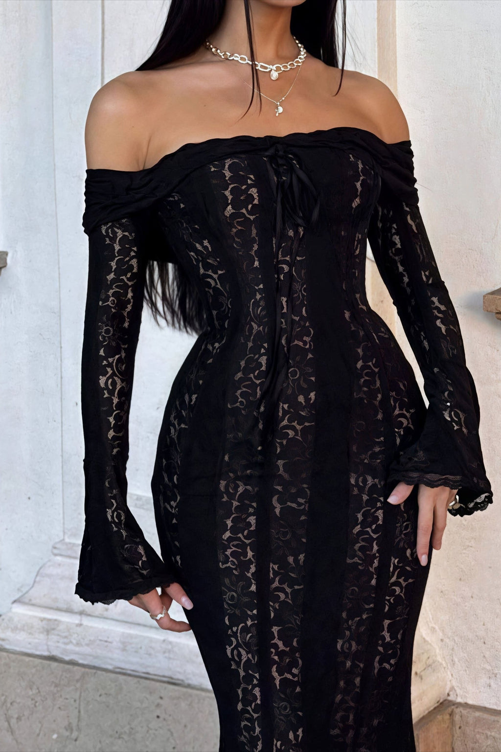 Off Shoulder Lace Flare Sleeve Fitted Train Elegant Maxi Dress image 15