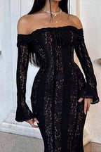 Off Shoulder Lace Flare Sleeve Fitted Train Elegant Maxi Dress image 15