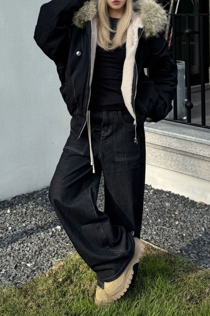 Black Short Puffer Fur Collar Jacket image 3