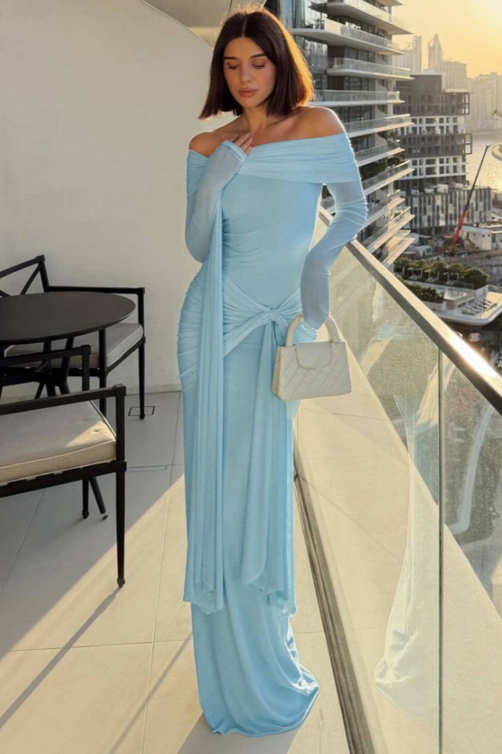 Off Shoulder Long Sleeve Solid Tie Bodycon Maxi Dress image 4