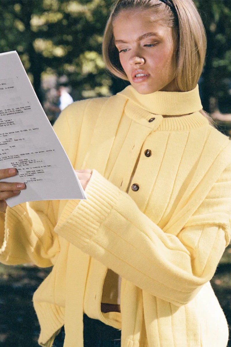 Yellow Ribbed Round Neck Knit Cardigan image 5