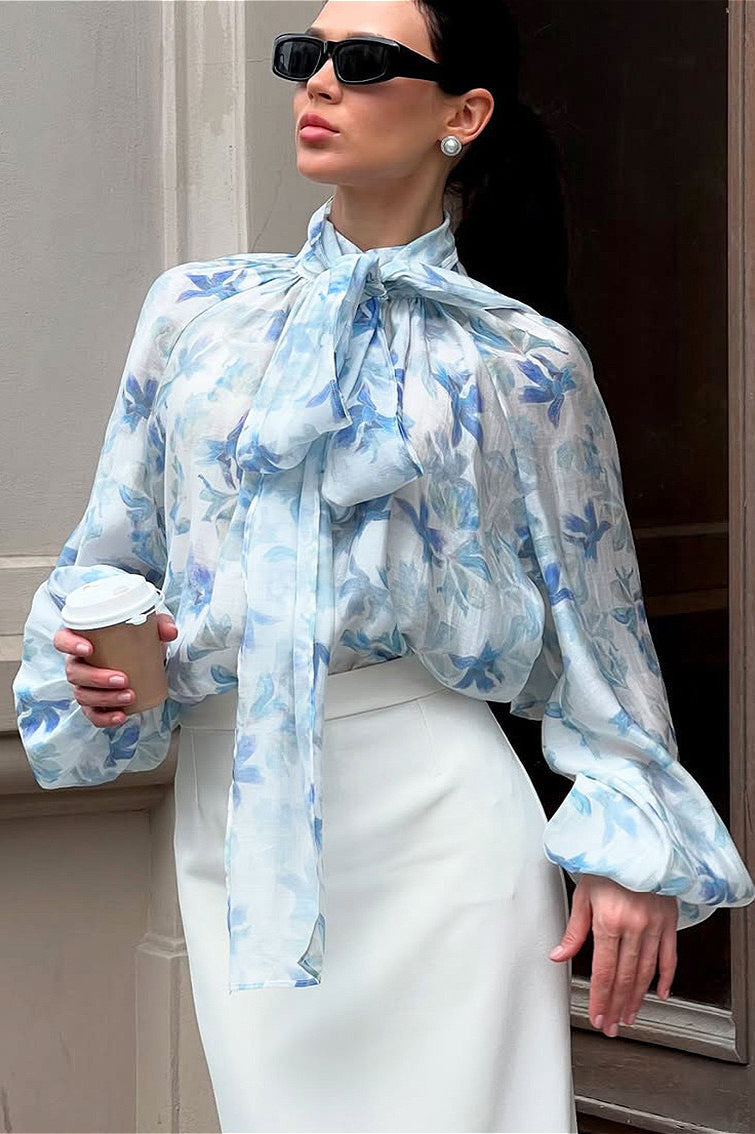 Elegant Tie Lantern Sleeve Floral Blouse image 3
