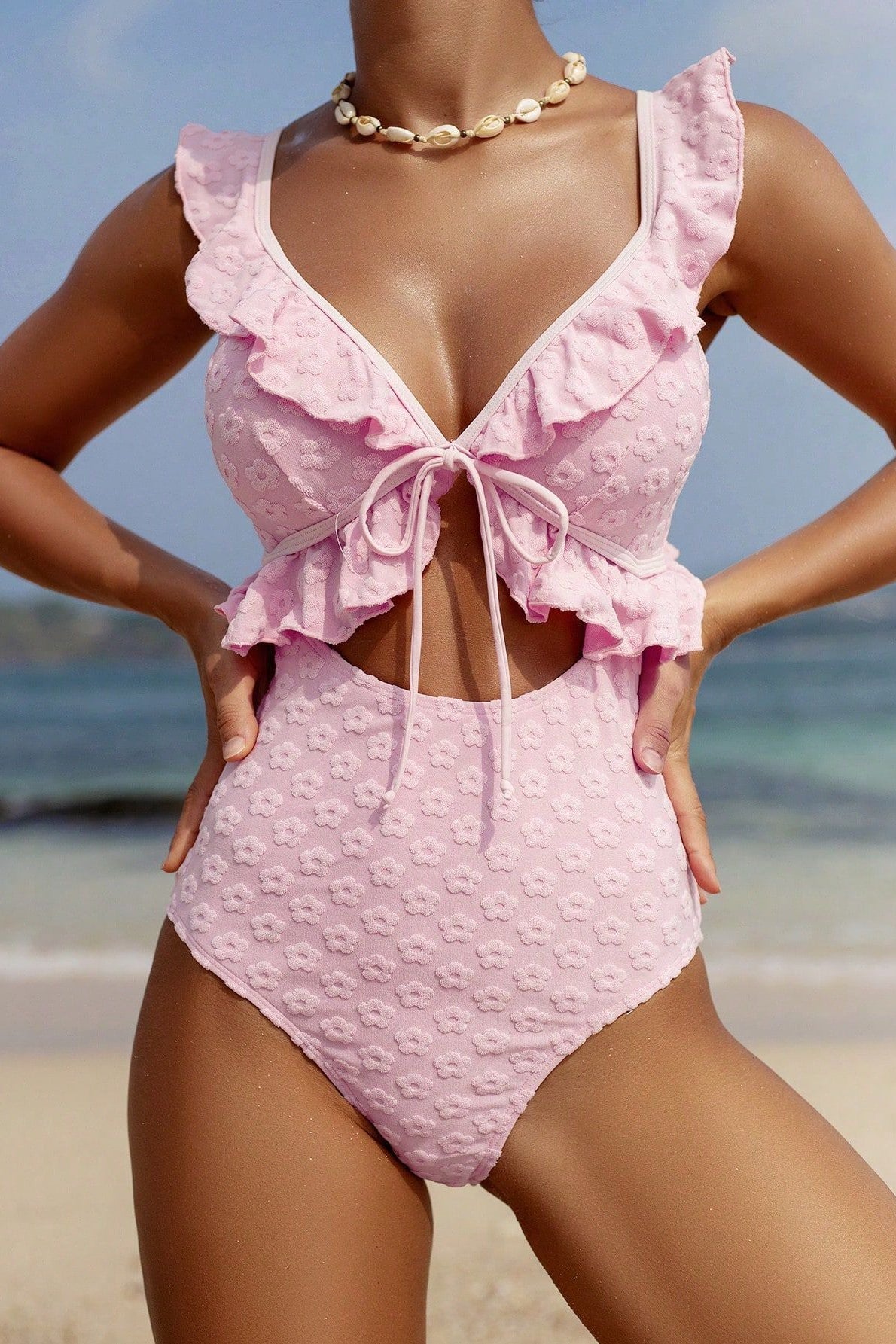 Jacquard Ruffle Hollow One Piece Swimwear image 1