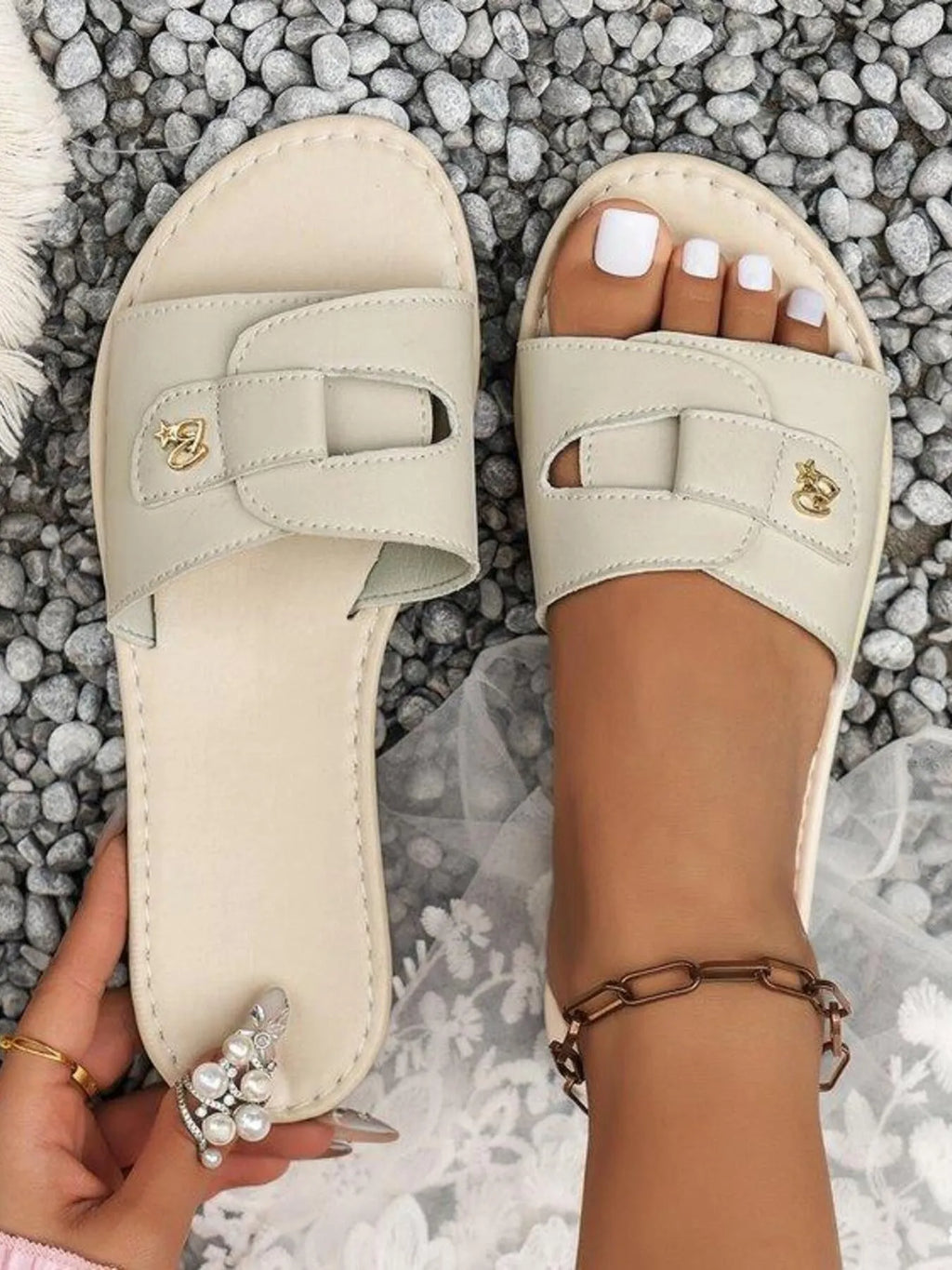 Margaux Flat Sandals detail view styled for Avrienne