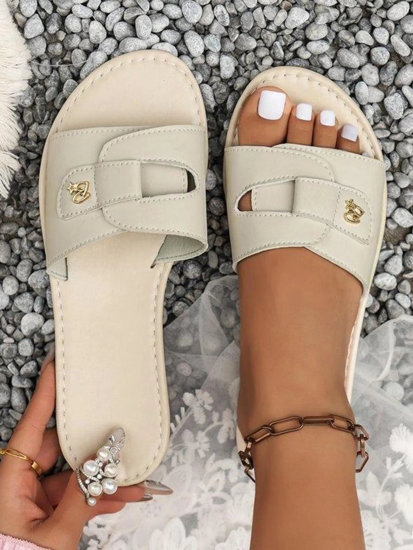 Margaux Flat Sandals detail view styled for Avrienne