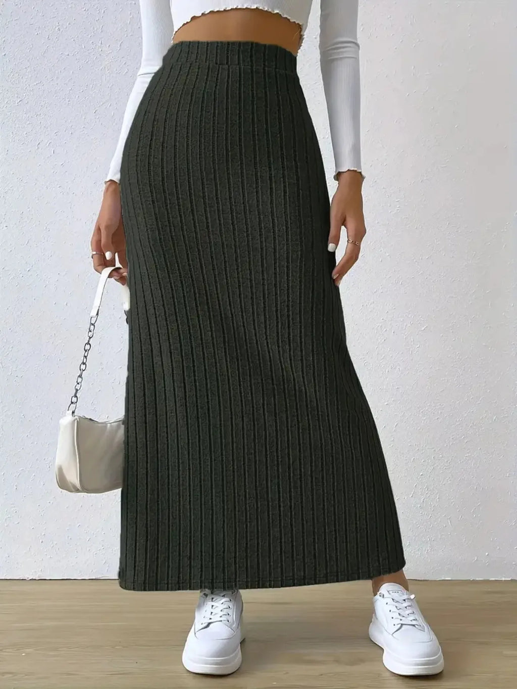 Noemi Ribbed Knit Skirt detail view styled for Avrienne