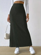 Noemi Ribbed Knit Skirt detail view styled for Avrienne