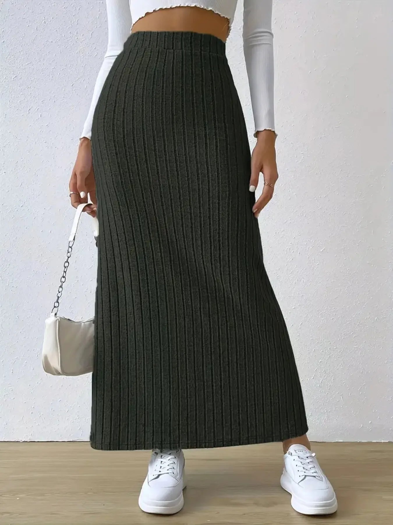 Noemi Ribbed Knit Skirt detail view styled for Avrienne