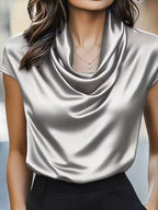 Isadora Satin Blouse detail view styled for Avrienne