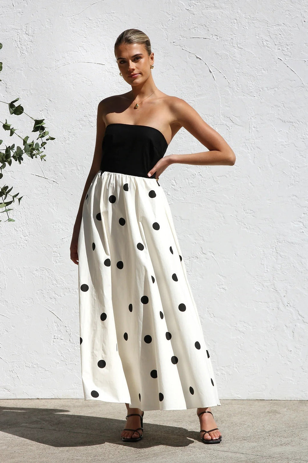 Polka Dot Print Strapless A-Line Maxi Dress image 3