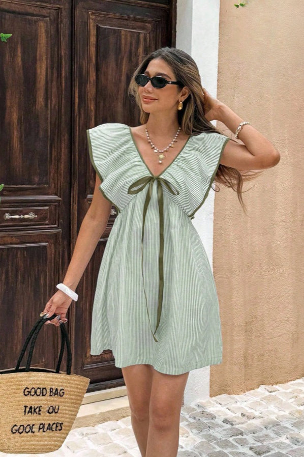 Striped V Neck Ruffle Flutter Sleeve Mini Dress image 7
