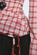Off Shoulder Red Checkered Long Sleeve Blouse image 3