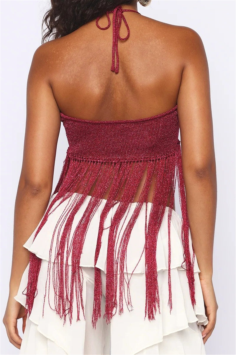 Sexy Tie Cami Hollow Tassel Halter Top image 6