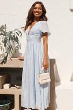 Solid V Neck Puff Sleeve Flared Midi Dress image 8