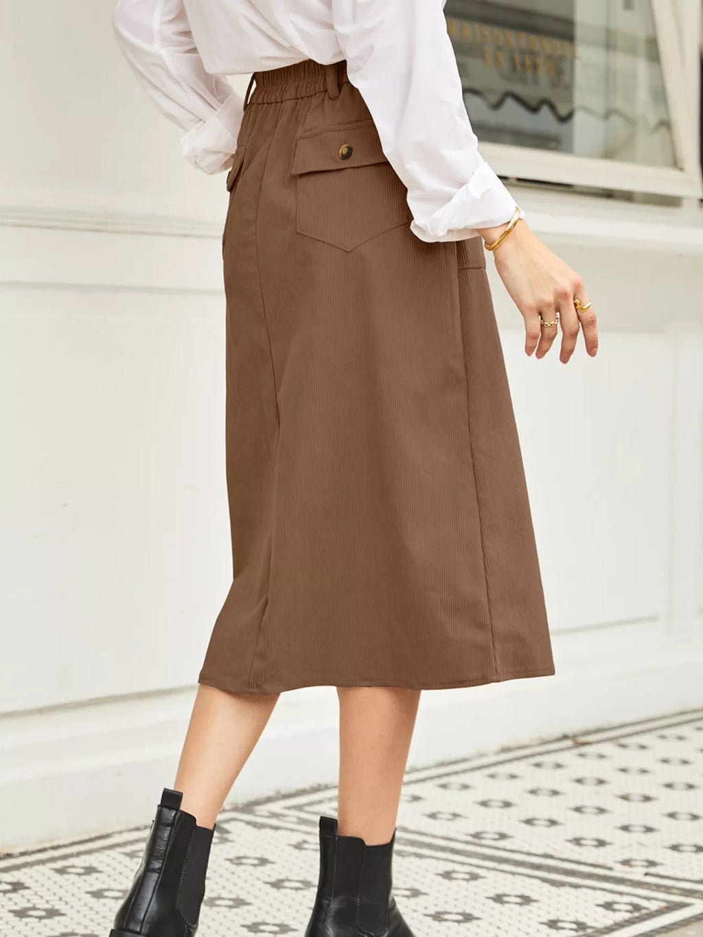 Celine Slit Midi Skirt detail view styled for Avrienne