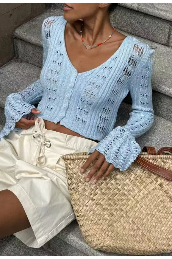 Hollow Out Knit V Neck Long Sleeve Cardigan image 21