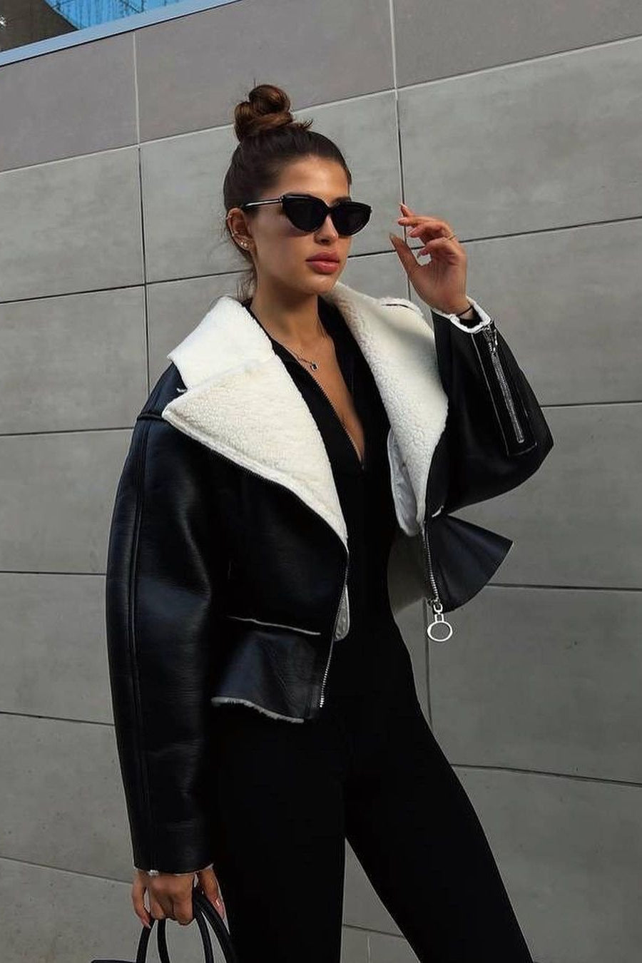 Chic Odd Zip Leather Fur Pieced Coat image 11