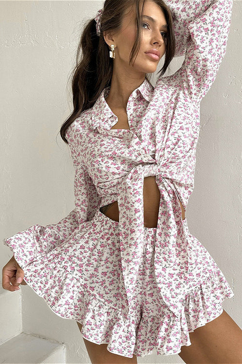 Long Sleeve Floral Collar Flip Shirt Ruffled Shorts Two Piece Set image 2