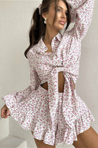 Long Sleeve Floral Collar Flip Shirt Ruffled Shorts Two Piece Set image 2