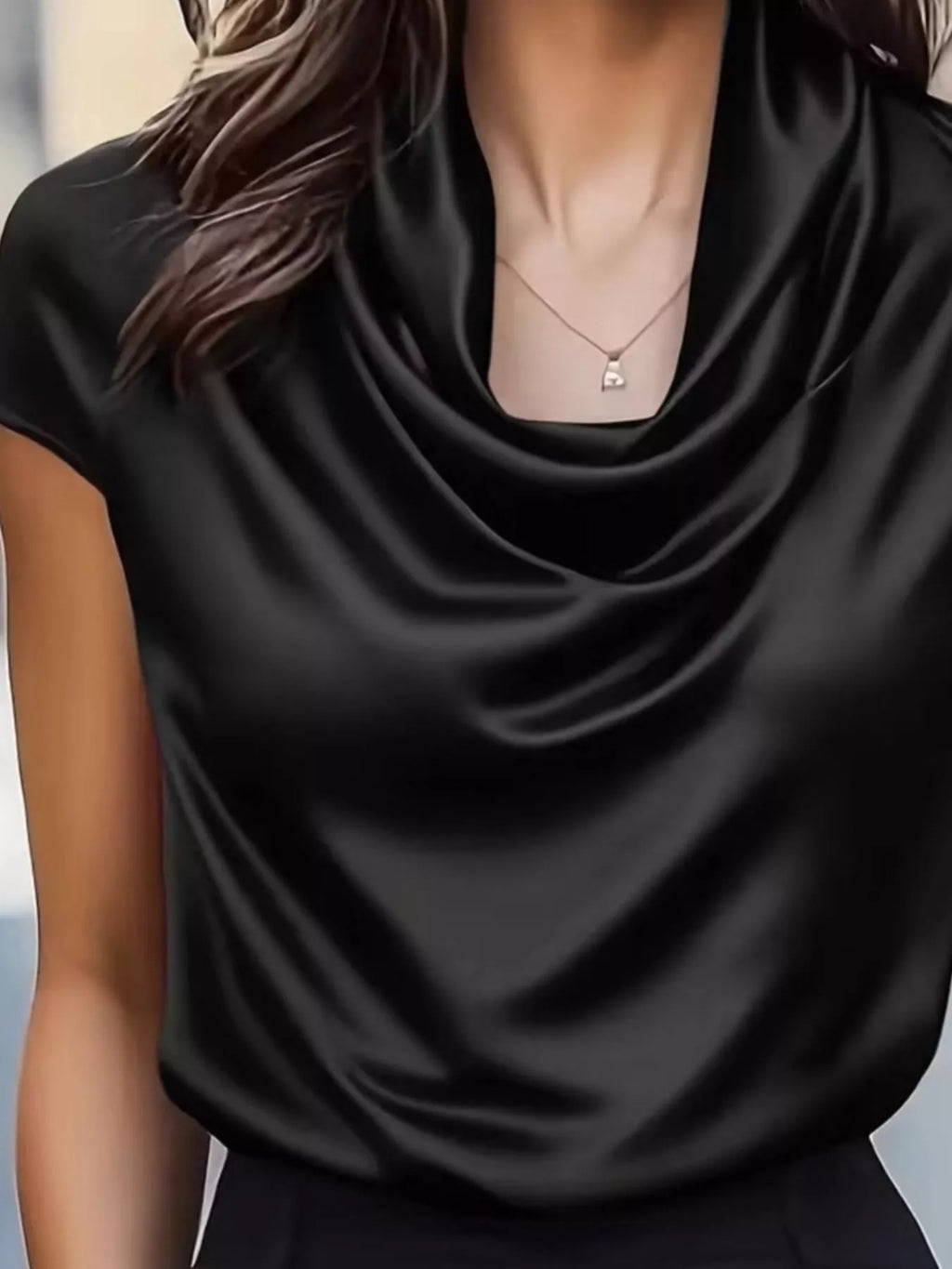 Isadora Satin Blouse detail view styled for Avrienne