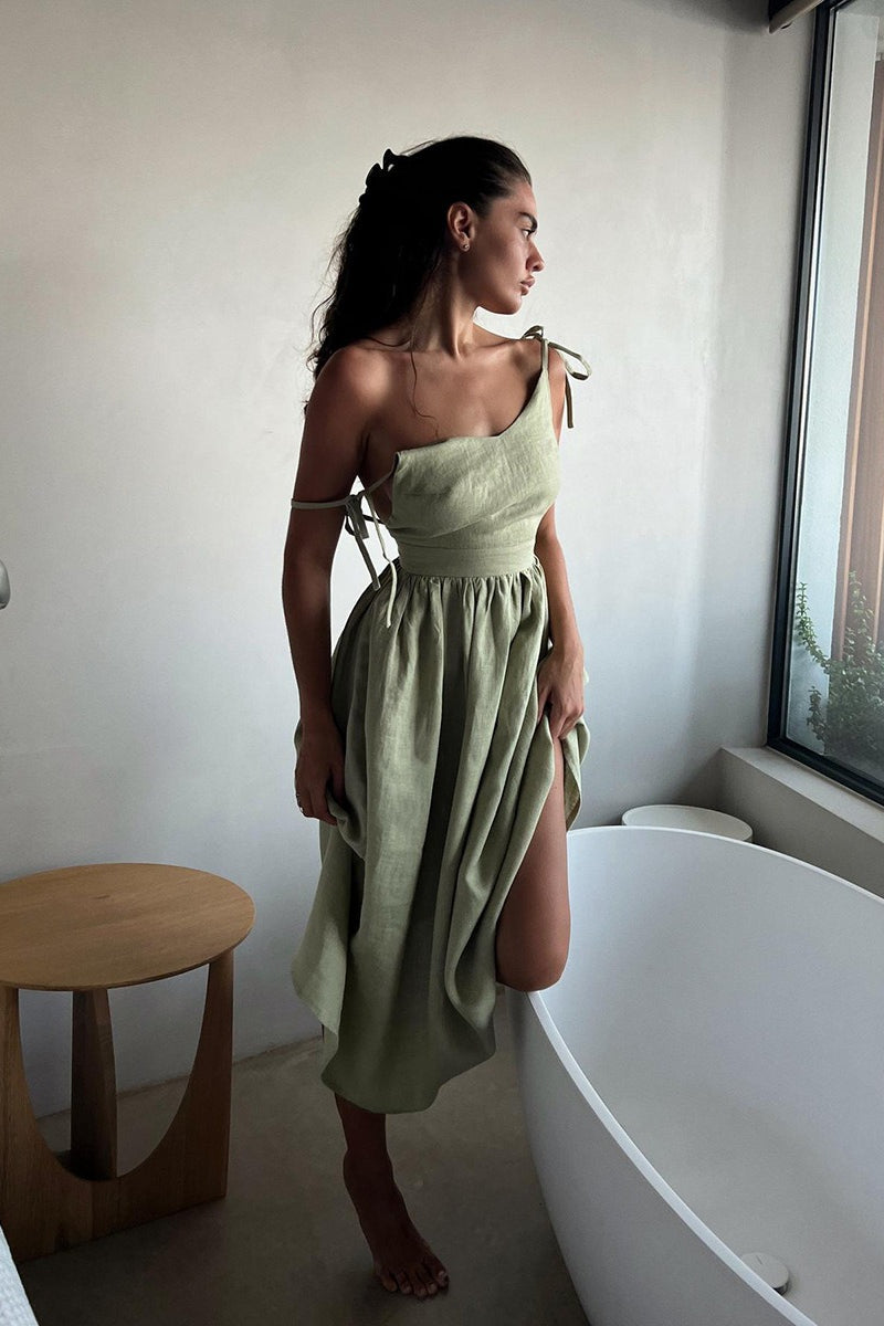 Cotton V Neck Spaghetti Strap Elegant Tie Backless Midi Dress image 10