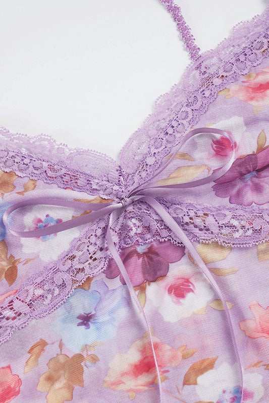 V Neck Lace Floral Tie Cami Top image 5